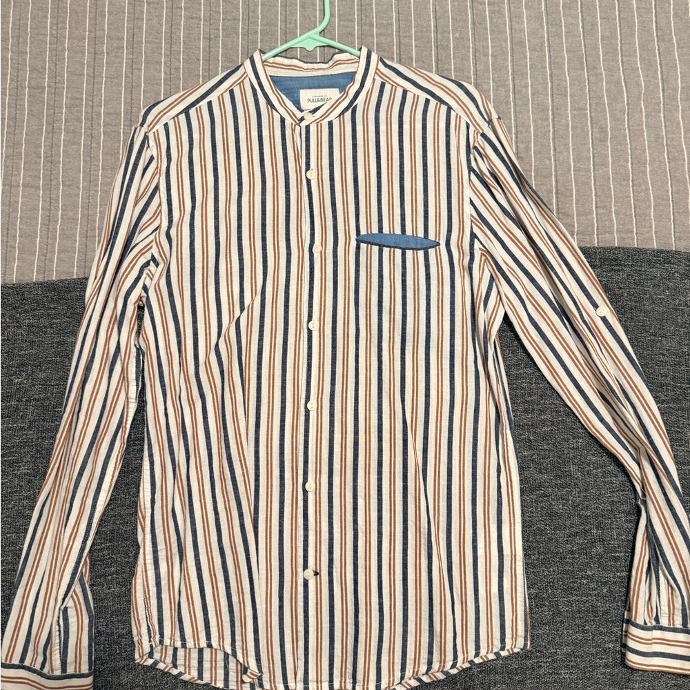 Pull&Bear Striped Shirt - Blue and Tan